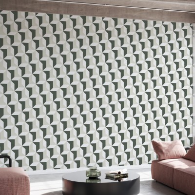 Tapet geometric cu forme simple, dar elegante, în nuanțe de gri și bej.