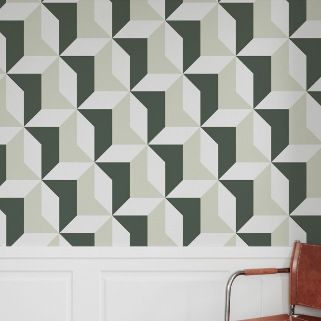 Tapet geometric cu forme simple, dar elegante, în nuanțe de gri și bej.