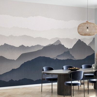 Wallpaper cu design minimalist cu munți în tonuri de albastru și gri deschis, perfect pentru un living modern.