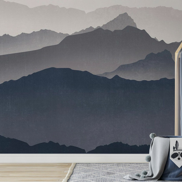 Wallpaper cu design minimalist cu munți în tonuri de albastru și gri deschis, perfect pentru un living modern.