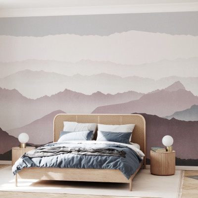 Tapet cu design abstract de munți în nuanțe de violet, gri și alb.