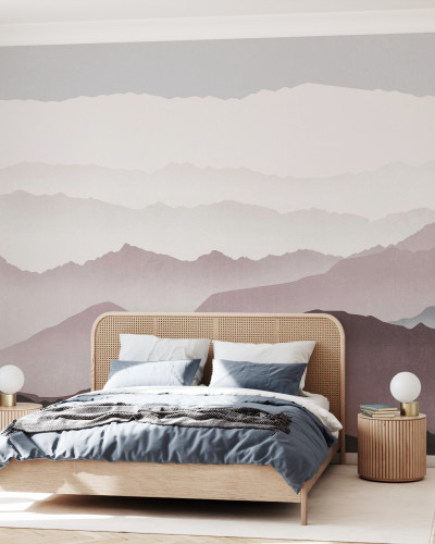 Tapet cu design abstract de munți în nuanțe de violet, gri și alb.