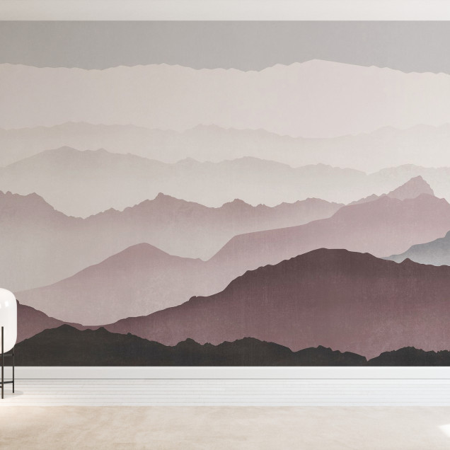 Tapet cu design abstract de munți în nuanțe de violet, gri și alb.