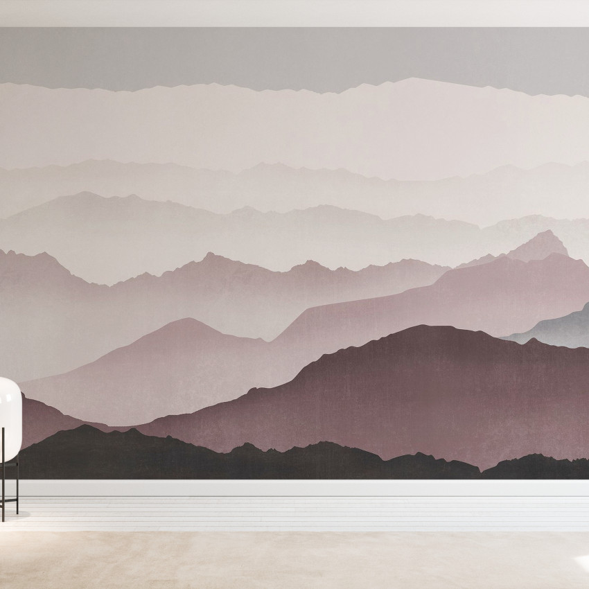 Wallpaper cu design minimalist cu munți în tonuri de albastru și gri deschis, perfect pentru un living modern.
