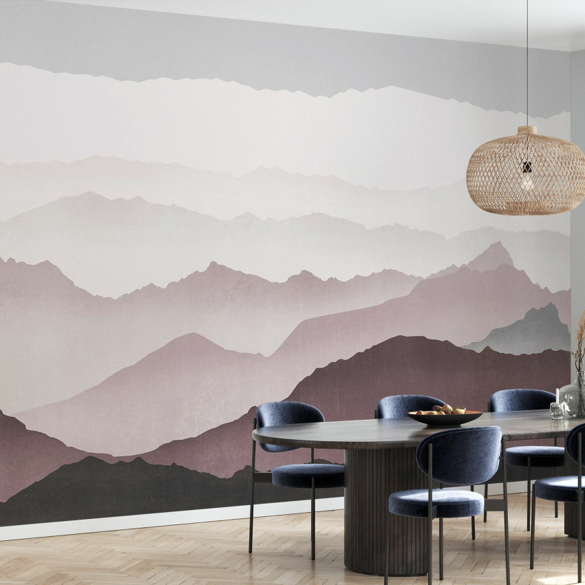 Wallpaper cu design minimalist cu munți în tonuri de albastru și gri deschis, perfect pentru un living modern.