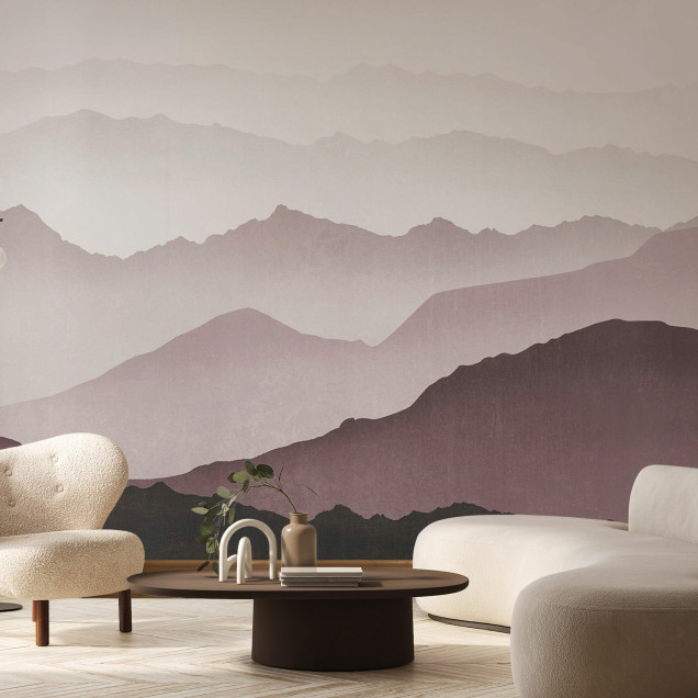 Tapet cu design abstract de munți în nuanțe de violet, gri și alb.