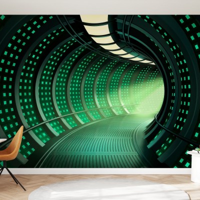 Tapet Escape to Space Tunnel, care prezintă un tunel spațial futurist cu lumini strălucitoare.