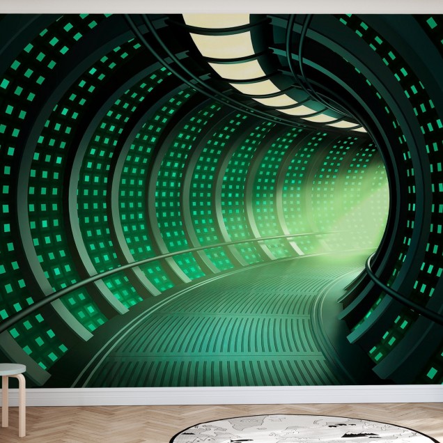Tapet Escape to Space Tunnel, care prezintă un tunel spațial futurist cu lumini strălucitoare.