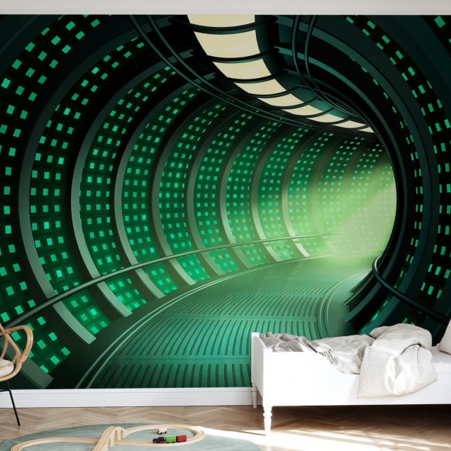 Tapet Escape to Space Tunnel, care prezintă un tunel spațial futurist cu lumini strălucitoare.