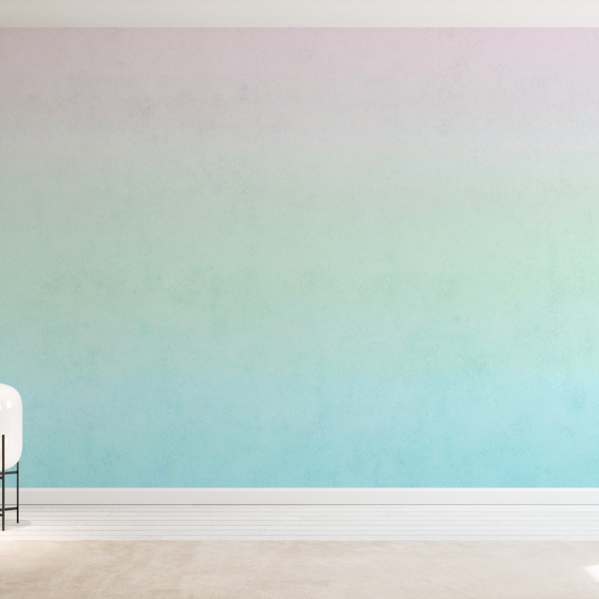 Tapet Polar Sunset cu degradeuri de culori pastelate, albastru si violet, aplicat pe un perete intr-un living modern