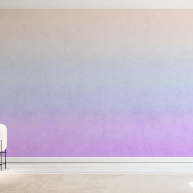Tapet Polar Sunset cu degradeuri de culori pastelate, albastru si violet, aplicat pe un perete intr-un living modern
