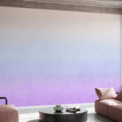 Tapet Polar Sunset cu degradeuri de culori pastelate, albastru si violet, aplicat pe un perete intr-un living modern
