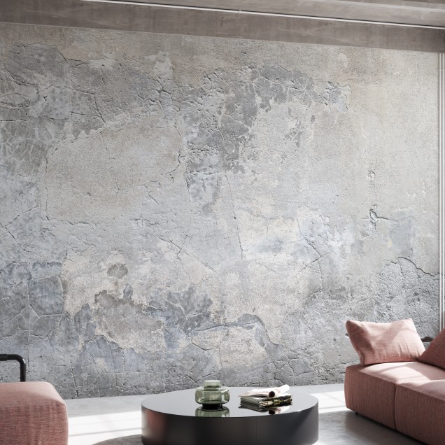 Wallpaper cu aspect de beton crăpat, perfect pentru un stil industrial modern.