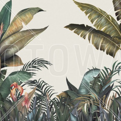 Tapet tropical cu frunze luxuriante, design realist, culori vibrante
