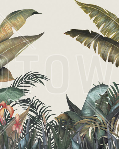 Tapet tropical cu frunze luxuriante, design realist, culori vibrante
