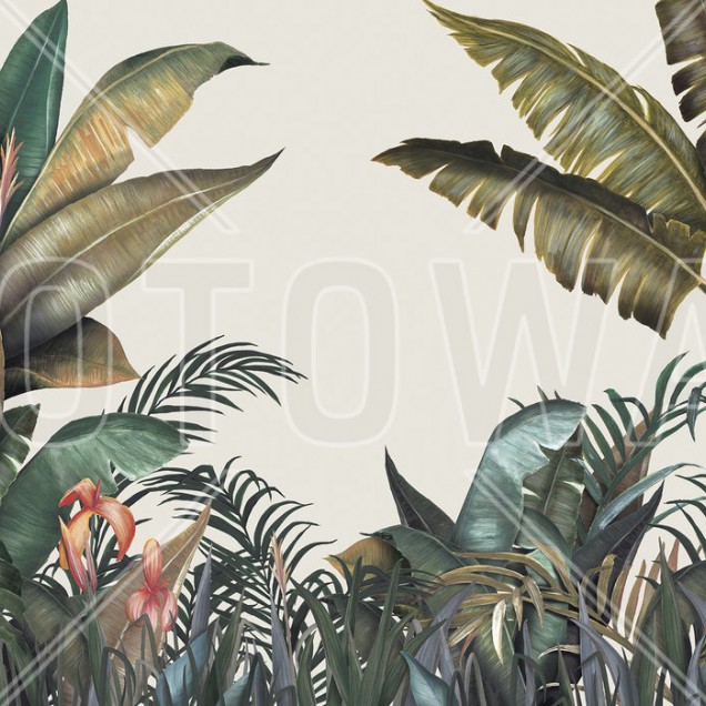 Tapet tropical cu frunze luxuriante, design realist, culori vibrante
