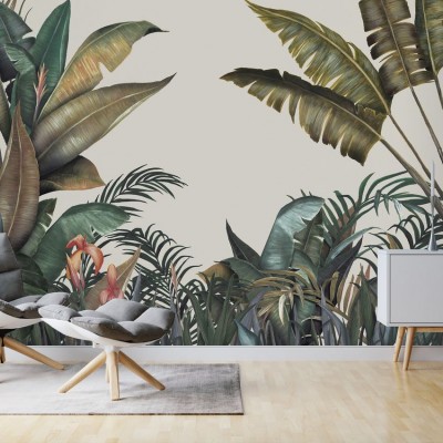 Tapet tropical cu frunze luxuriante, design realist, culori vibrante