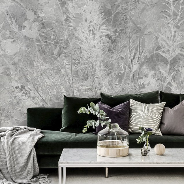 Fototapet cu design floral in nuante de gri, ideal pentru un decor interior modern și elegant.