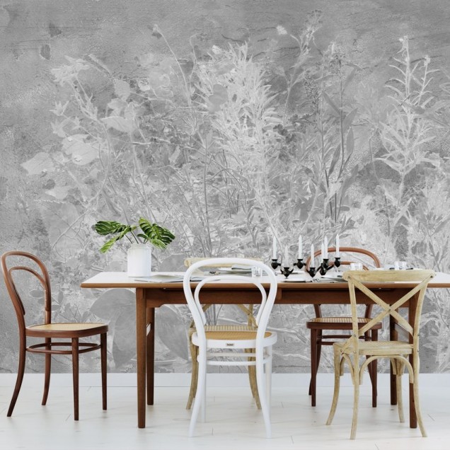 Fototapet cu design floral in nuante de gri, ideal pentru un decor interior modern și elegant.