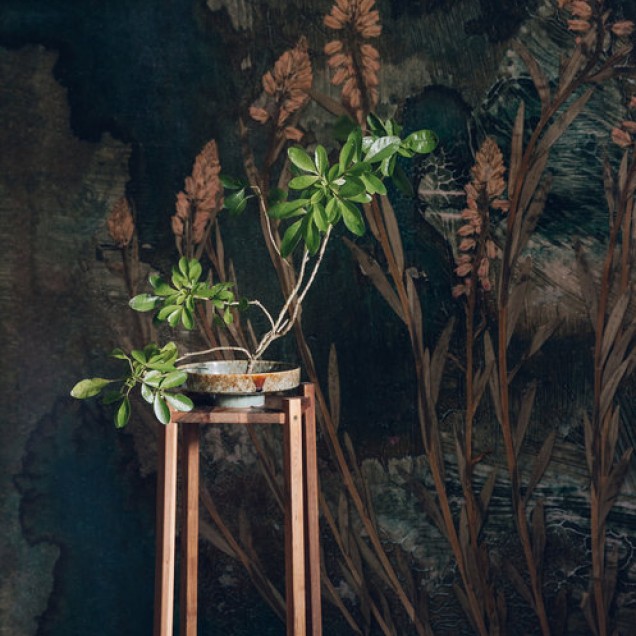 Tapet cu design floral, cu plante uscate pe un fundal verde-albastru.
