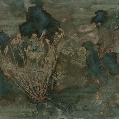 Tapet cu design floral, cu plante uscate pe un fundal verde-albastru.