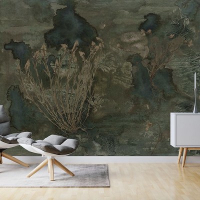 Tapet cu design floral, cu plante uscate pe un fundal verde-albastru.