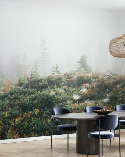 Imagine de fundal cu o pădure misterioasă învăluită în ceață matinală, ce va oferi casei tale un farmec unic și o atmosferă caldă și primitoare. Morning Haze at the Mountain.