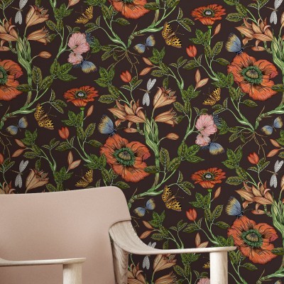 Wallpaper floral cu flori, fluturi și libelule