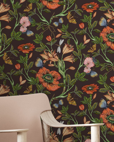 Wallpaper floral cu flori, fluturi și libelule