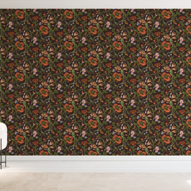 Wallpaper floral cu flori, fluturi și libelule