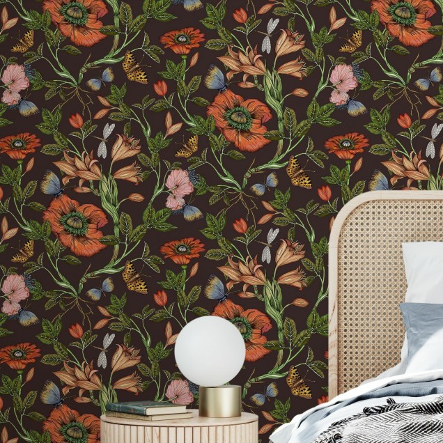 Wallpaper floral cu flori, fluturi și libelule