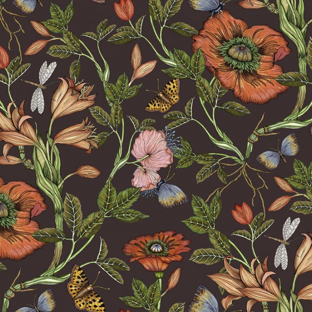 Wallpaper floral cu flori, fluturi și libelule