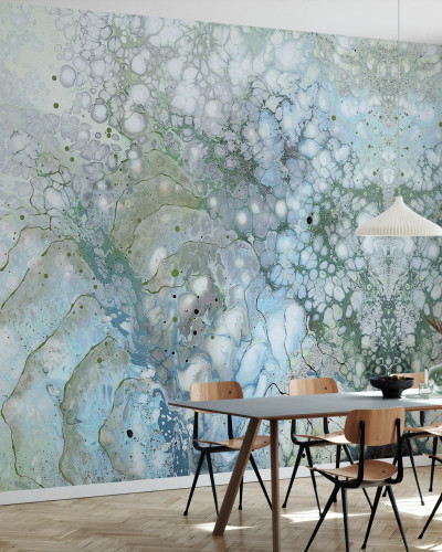 Tapet cu design abstract in nuante de albastru, verde și gri.