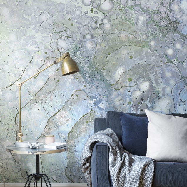 Tapet cu design abstract in nuante de albastru, verde și gri.