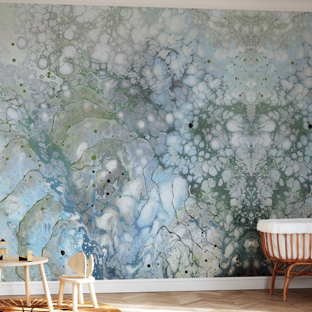 Tapet cu design abstract in nuante de albastru, verde și gri.