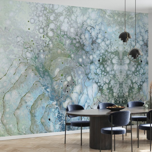 Tapet cu design abstract in nuante de albastru, verde și gri.