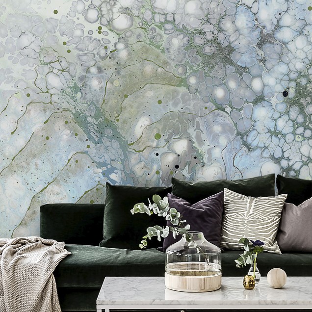 Tapet cu design abstract in nuante de albastru, verde și gri.