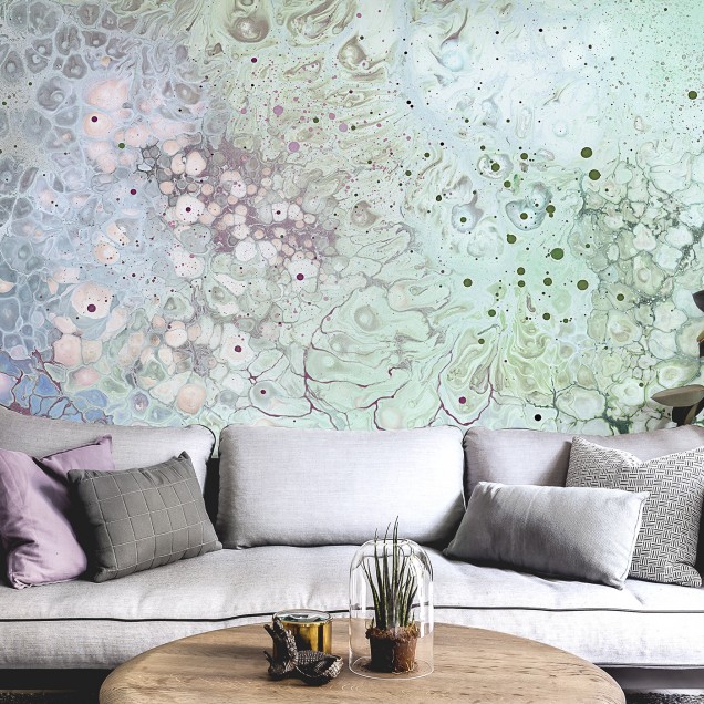 Tapet abstract Aura Biosphere cu nuante pastelate de albastru si verde