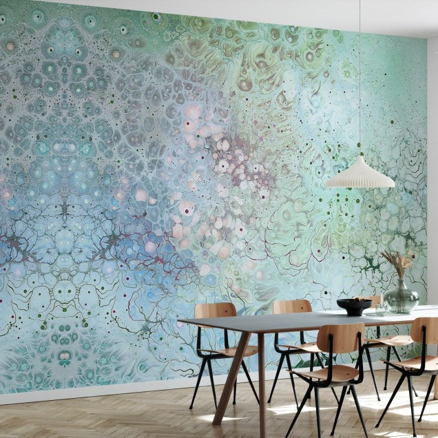 Tapet abstract Aura Biosphere cu nuante pastelate de albastru si verde