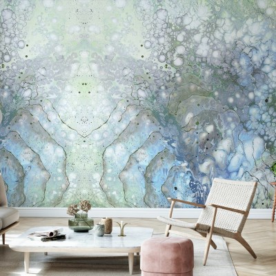 Tapet abstract Aura Moon cu nuanțe de albastru și verde, ideal pentru living, dormitor sau birou.