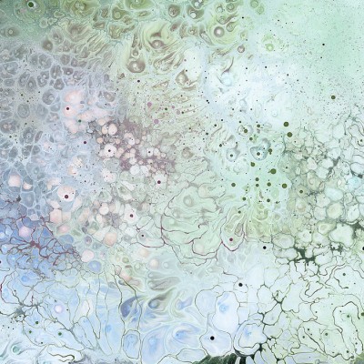Tapet abstract Aura Cellulose cu nuanțe de albastru, verde și roz