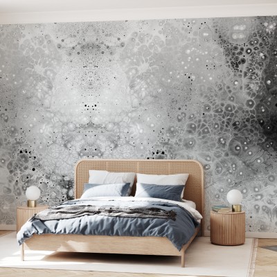 Tapet abstract Aura Esoteric, cu nuanțe de gri și alb, decorat cu modele de cercuri.