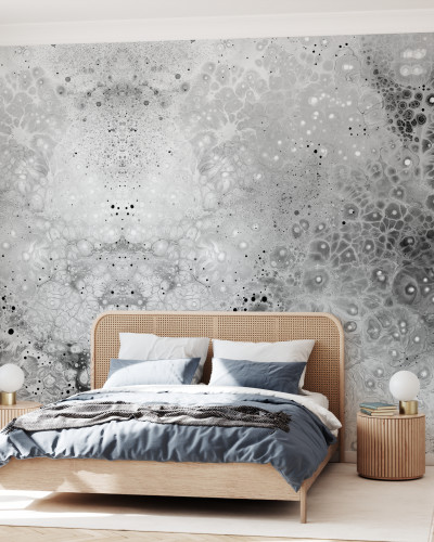 Tapet abstract Aura Esoteric, cu nuanțe de gri și alb, decorat cu modele de cercuri.