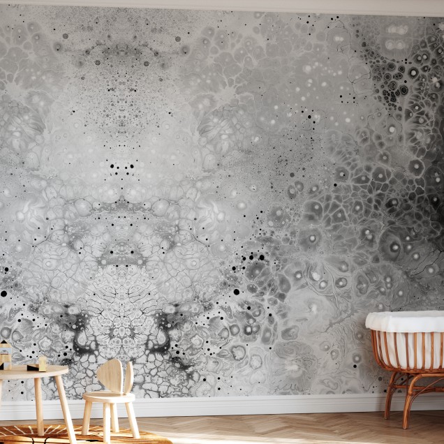 Tapet abstract Aura Esoteric, cu nuanțe de gri și alb, decorat cu modele de cercuri.