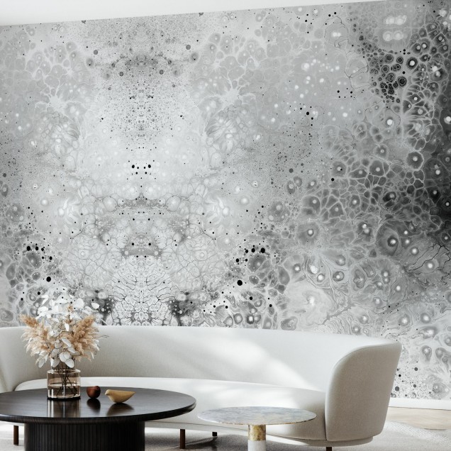 Tapet abstract Aura Esoteric, cu nuanțe de gri și alb, decorat cu modele de cercuri.