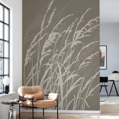 Tapet Grass, Brown, cu design modern minimalist, cu model de iarba pe un fond maro.