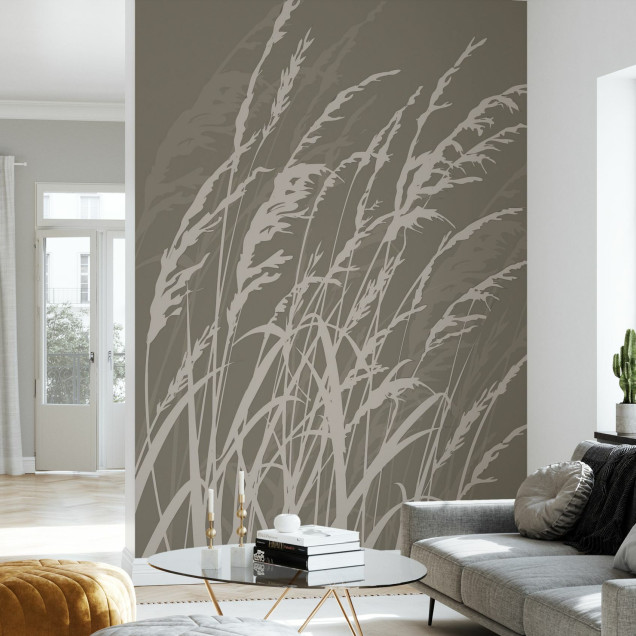 Tapet Grass, Brown, cu design modern minimalist, cu model de iarba pe un fond maro.