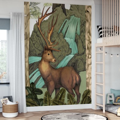Tapet cu un cerb intr-un peisaj luxuriant, cu un design ilustrat realist.