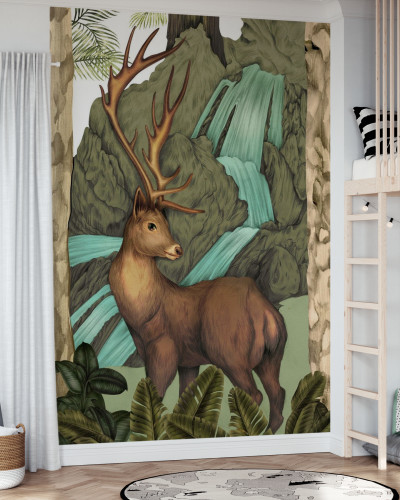 Tapet cu un cerb intr-un peisaj luxuriant, cu un design ilustrat realist.