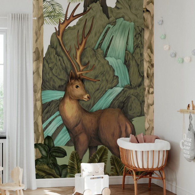 Tapet cu un cerb intr-un peisaj luxuriant, cu un design ilustrat realist.